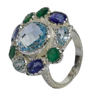 Gemvanity SR1466 Argent sterling plaqué or 14 carats, Topaze bleue de luxe classique de style bouddhiste tibétain, sertie en canal, taille brillant, pour soirée - Product Image 1