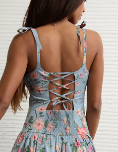 Nouvelle robe trapèze sans manches bleu et blanc à col en V, motif abstrait, idéale pour l'été, robe mini sans manches à taille cintrée pour le quotidien - Product Image 4