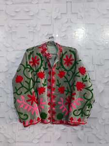 <b>Velvet</b> Hand Embroidered Floral Suzani <b>Jacket</b> <b>Women</b> Crew Neck Full Sleeve Autumn Winter Outerwear Regular Length 100% Polyester - Product Image 1