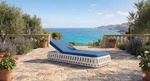 ROBD-009 Lit de jardin en osier méditerranéen avec coussin bleu résistant aux intempéries, mobilier de jardin 6 places, design moderne en aluminium - Product Image 1