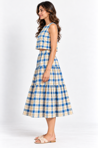 Ensemble jupe et haut décontracté en coton à carreaux pour femme, haut court sans manches et jupe mi-longue à volants étagés, tenue deux pièces été/printemps - Product Image 3