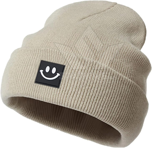 Bonnet tricoté unisexe avec patch souriant, couleur unie, bonnet d'hiver chaud, style décontracté, taille adulte 56-58CM - Product Image 5