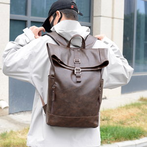 Minimalist PU Leather Roll Top Backpack with Buckle Closure Unisex Laptop <b>Bag</b> 20-39L Capacity Shoulder Straps Handle Durable - Product Image 3