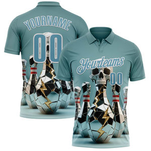 Camisa de bowling de rendimiento para hombre, personalizada, con estampado de calavera de espejo 3D azul sombreado y blanco, con bolsillo, de tela que absorbe la humedad, de manga corta. - Product Image 1