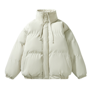 Unisex <b>Cream</b> Puffer <b>Jacket</b> Stand Collar Zipper Closure Thick Polyester Winter Coat Casual Loose Fit Front Pocket Design Puffer - Product Image 1