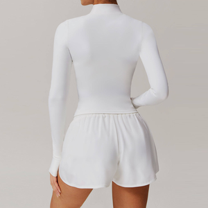 Ensemble de yoga 2 pièces pour femme : Crop top, short taille haute, veste de yoga moulante à manches longues avec fermeture éclair frontale, sans couture. Vente en gros usine. - Product Image 4