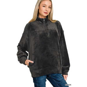 Veloro Zenana Pull en fausse fourrure pour femme avec demi-fermeture éclair et poche, vêtement d'extérieur confortable, taille S, noir - Product Image 3