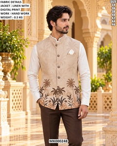Chaqueta Nehru de lino beige para hombre con estampado digital de palmeras para boda - Product Image 1