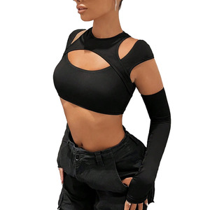 Black Cutout Crop <b>Top</b> with Long Sleeves Women's Fashion Shirt Sexy Streetwear Casual Tee Custom Logo <b>Top</b> Quality women's shirt - Product Image 3