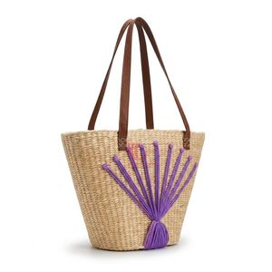 Bolso de Viaje de Paja Tejida para Mujer con Fresa Bordada, Borla Morada y Detalles en Lavanda, Correa de Cuero Marrón para Atuendos Casuales de Playa - Product Image 1