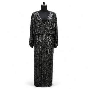 Robe de soirée noire à paillettes pour femmes |   Robe de soirée longue à manches longues et col en V, élégante, pour invitées de mariage, tenue de luxe - Product Image 1