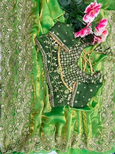 For <b>Satin</b> Traditional Women's Wedding/Party <b>Satin</b> Sequence Butti <b>Saree</b> Jhalar Embroidered Net-Back Blouse Heavy Border Fully - Product Image 3
