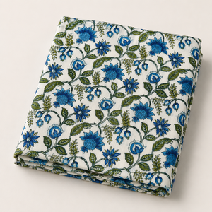 Blue Hand Block Printed Cotton Fabric <b>Set</b> With Floral Palm Stripe Motif For Kurta Dress <b>Sewing</b> Home Textile Craft Material Soft - Product Image 5