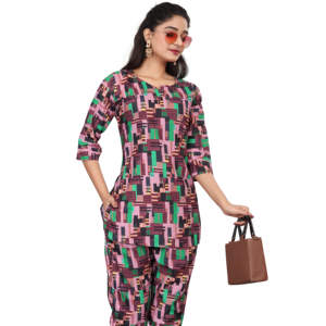 Conjunto coordinado de dos piezas para mujer, de alta calidad, estampado, de poliéster y rayón, con cuello redondo, para estar en casa, informal, de verano. - Product Image 1