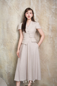 Women's Beige Solid Office Lady 2-Piece <b>Set</b> V-Neck Short Sleeve <b>Blazer</b> Top Pleated Midi Skirt All Seasons Outfit DYLAN - Product Image 3