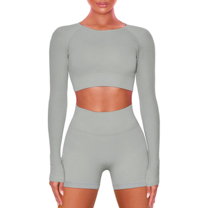Ensemble de yoga bleu 2 pièces : haut court à col rond et manches longues, short taille haute, couleur unie, en Spandex et Polyester respirant - Product Image 2