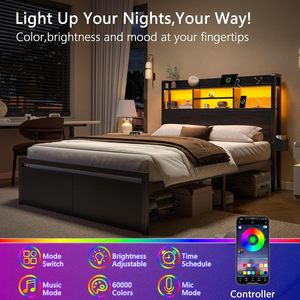 OEM/ODM Full Size Smart Metal <b>Bed</b> with LED Lighted Headboard, <b>Space</b>-<b>Saving</b> Storage Shelving, Modern Home Furniture - Product Image 5