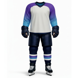 Uniforme de hockey sur glace personnalisé de qualité supérieure, respirant, imprimé, dégradé violet-cyan, manches longues, tenue d'équipe, uniforme de hockey sur glace, service OEM - Product Image 1