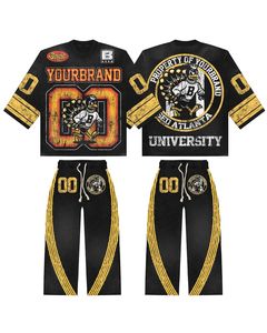 ชุดวอร์มลายกราฟิกสีดำทอง |   เสื้อฮู้ดดี้โอเวอร์ไซส์และกางเกงจ็อกเกอร์ |   ชุดเสื้อผ้าสตรีทแวร์ลายเปลวไฟ Mascot แบบเข้าชุด รับผลิตแบบ OEM แบรนด์ส่วนตัว - Product Image 1