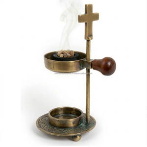 Antique Brass Adjustable Incense Burner with <b>Cross</b> <b>Top</b> - Product Image 5
