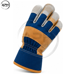 Gants de travail en cuir sur mesure de qualité supérieure, dos en toile bleue, paume bronzée, doigts gris, gants complets à doigts entiers, manchette large - Product Image 2