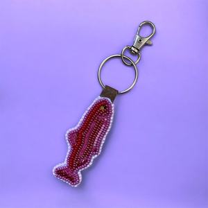 Handmade Pink and Red Valentines Fish Inspired Beaded <b>Keychain</b>, Backed With Brown Faux Leather - Product Image 1
