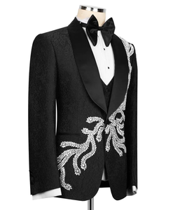 <b>Men</b>’s Black Designer Embroidered Wedding Tuxedo Jacket – Slim Fit Shawl Lapel Blazer with White Crystal Floral Work for <b>Groom</b> - Product Image 3
