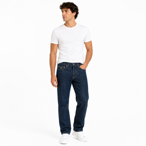 Jeans en denim coupe droite pour homme de haute qualité, taille haute, bleu foncé, en coton, classiques, 5 poches, style streetwear décontracté, vente en gros - Product Image 1