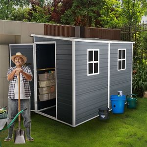 Caseta de Jardín de Resina para Exteriores de 8x4 pies con Puerta con Cerradura, Caseta de Almacenamiento para Patio y Herramientas, 2 Ventanas, Nuevo Producto, Categoría: Casetas y Almacenamiento - Product Image 1