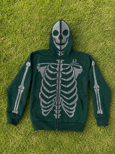 Men’s Dark Green Rhinestone Skeleton Hoodie <b>Jacket</b> with Full Zip Balaclava Mask Crystal Skull Bone Design <b>Gothic</b> Hip Hop Hoodie - Product Image 6