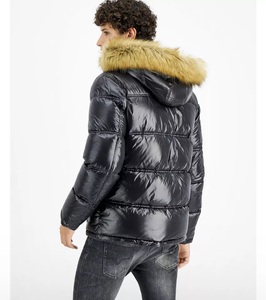 Unisex Black Hooded Puffer Jacket <b>Fur</b> <b>Trim</b> Windproof Zipper Closure Casual Winter Outerwear Coated Stand Polyester Fiber Filling - Product Image 2