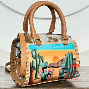 2026 Wholesale Hand Painted Desert Cactus Design Speedy Bag <b>Genuine</b> Cowhide Leather Boutique Duffle Purse Travel Tote for Women - Product Image 1