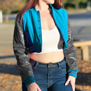 Veste courte universitaire pour femme, style Letterman, gris turquoise, avec manches en similicuir, vêtement d'extérieur décontracté, mode féminine - Product Image 2