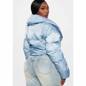 Veste matelassée en jean pour femme avec col, manches longues, fermeture éclair, vêtement d'extérieur d'hiver, veste matelassée bleu clair - Product Image 3