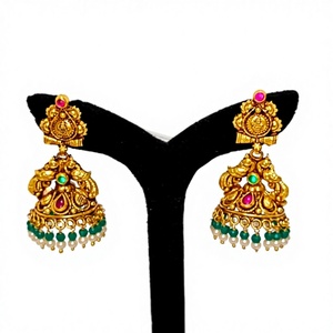 Antique 22k Solid Gold Drop Temple Jhumka <b>Earrings</b> Handcrafted Lakshmi Motif Wedding Jewelry with <b>Green</b> Emeralds Natural Pearls - Product Image 1