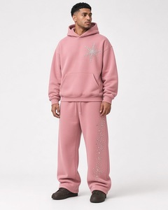 Sweat à capuche rose poudré pour homme, style minimaliste, épaules tombantes, uni, streetwear, ensemble de survêtement évasé en tissu éponge - Product Image 1