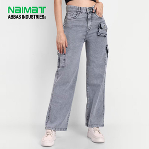 Women High Waist Grey Cargo Denim Jeans Wide Leg Relaxed Fit Cotton Utility Multi Pocket Work Streetwear Pants - Product Image 1
