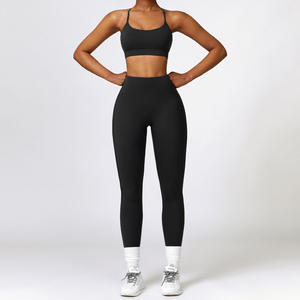 Ensemble de leggings taille haute de couleur unie pour femmes, soutien-gorge de sport, tenue de yoga, vêtements de sport extensibles en tricot, 5 couleurs disponibles - Product Image 4