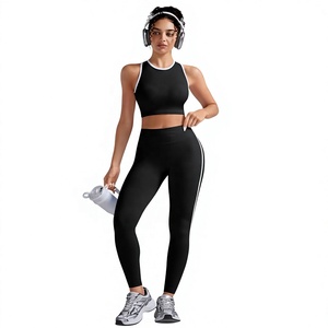 Women's 2 Piece Sporty Set Black Knitted Yoga Leggings Sports <b>Bra</b> With Side Stripe Breathable Full Length Skinny Fit - Product Image 2