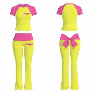 Women <b>Raglan</b> Short Sleeve Lounge Set O Neck Contrast Color <b>Top</b> and High Waist Pants Custom Logo Summer Casual Wear - Product Image 2