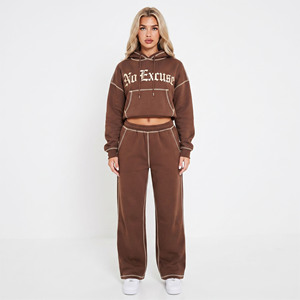 <b>Women</b> Vintage Solid Pullover Cropped Hooded <b>Tracksuit</b> Full Sleeve Loose Fit Casual Streetwear Sweat Hoodie Sweat Pant Jogger - Product Image 5