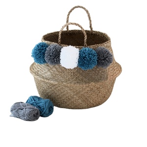 Hot Selling Eco-Friendly Folding 2018 Pom Pom Seagrass Storage <b>Basket</b> for Clothing Belly Design From Vietnam - Product Image 1
