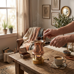 หม้อกาแฟทองแดงทำมือแบบตุรกี Cezve Ibrik พร้อมด้ามจับไม้ ดีไซน์ดั้งเดิม รูปทรงกลม สำหรับชงกาแฟ - Product Image 2