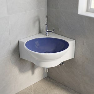 Lavabo de salle de bain moderne en céramique bleu ciel rond à poser sur comptoir, avec double trou pour robinet - Product Image 5