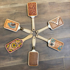 2024 New Trending Real Hand Engraved Tooled Leather Cowboy Paddle Hairbrush Western Hand Painted Soft Bristle <b>Travel</b> Hairbrush - Product Image 5