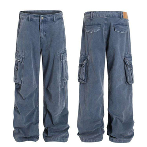 กางเกงยีนส์ผ้าแคนวาสสีน้ำเงินสไตล์วินเทจสำหรับผู้ชาย ผ้าฝ้าย 100% ทรงหลวมขาตรง สไตล์ลำลอง มีกระเป๋าหลายช่อง - Product Image 3