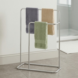 Pristine Chrome Metal Cast Iron Three-Layer Towel Rack with 2 <b>Bars</b> >60cm Length Modern Design Free Standing Household Storage - Product Image 1
