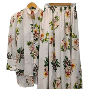 Conjunto de Falda y Blusa para Mujer, Estampado Floral, Corte Regular, Elegante, Cuello en V, Poliéster/Algodón, Cintura Alta, Antiarrugas, Venta al Por Mayor - Product Image 1