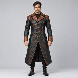 <b>Men's</b> Gothic Leather <b>Trench</b> <b>Coat</b> Black Brown Two Tone Long Overcoat with Metal Buckles - Product Image 4