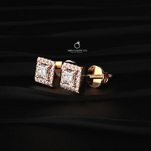 Boucles d'oreilles clous en diamant taille princesse cultivé en laboratoire, or rose 10K/14K/18K, halo carré, bijoux de luxe pour mariage pour femme - Product Image 2